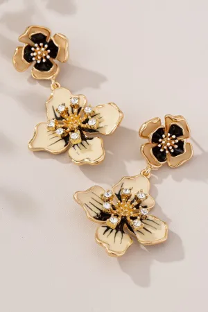 Cloisonne Ivory and Black Flower Drop Earrings
