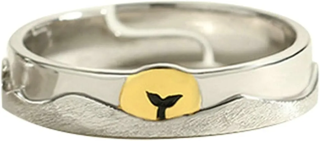 Couple Band Rings, Simple Sterling Silver Rings with Silver Gold Sunset Couple Adjustable Band Jewelry Gift