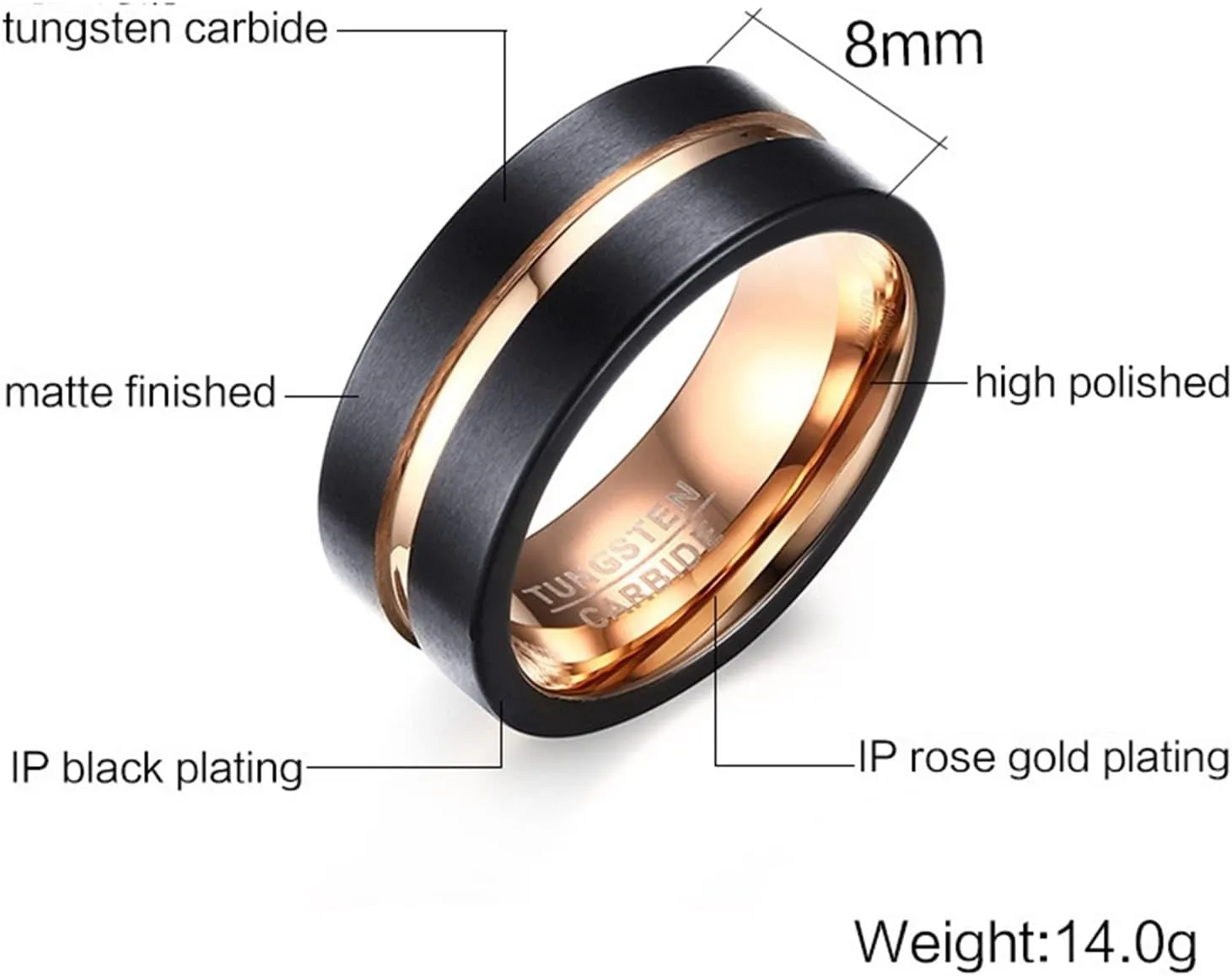 Couple Rings Matching, Womens Tungsten Rings Rose Gold Two-Tone Brushed Ring 8mm Rings for Men and Women