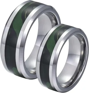 Couple Rings Personalized, Men's Tungsten Wedding Ring 8mm Silver Ring with Green Pattern Engagement Couple Rings