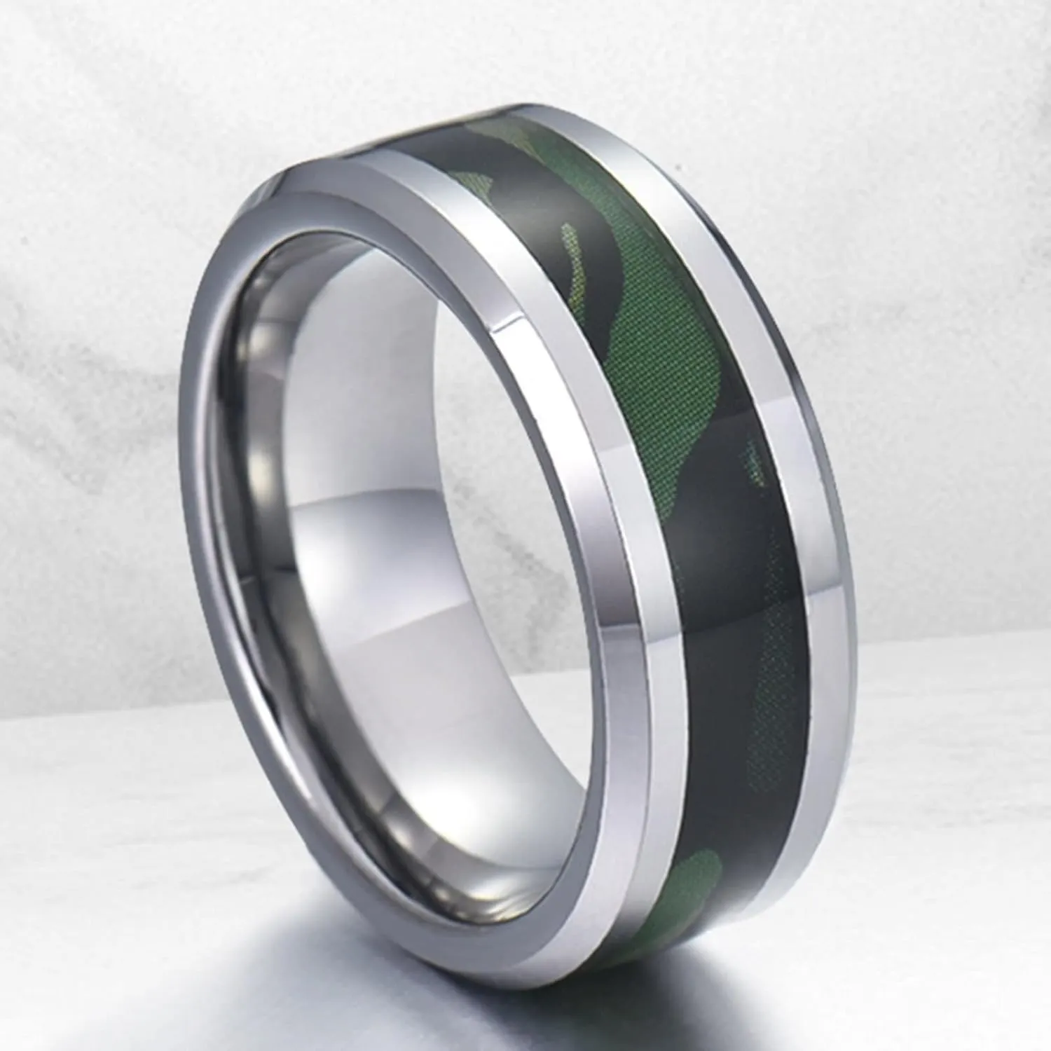 Couple Rings Personalized, Men's Tungsten Wedding Ring 8mm Silver Ring with Green Pattern Engagement Couple Rings