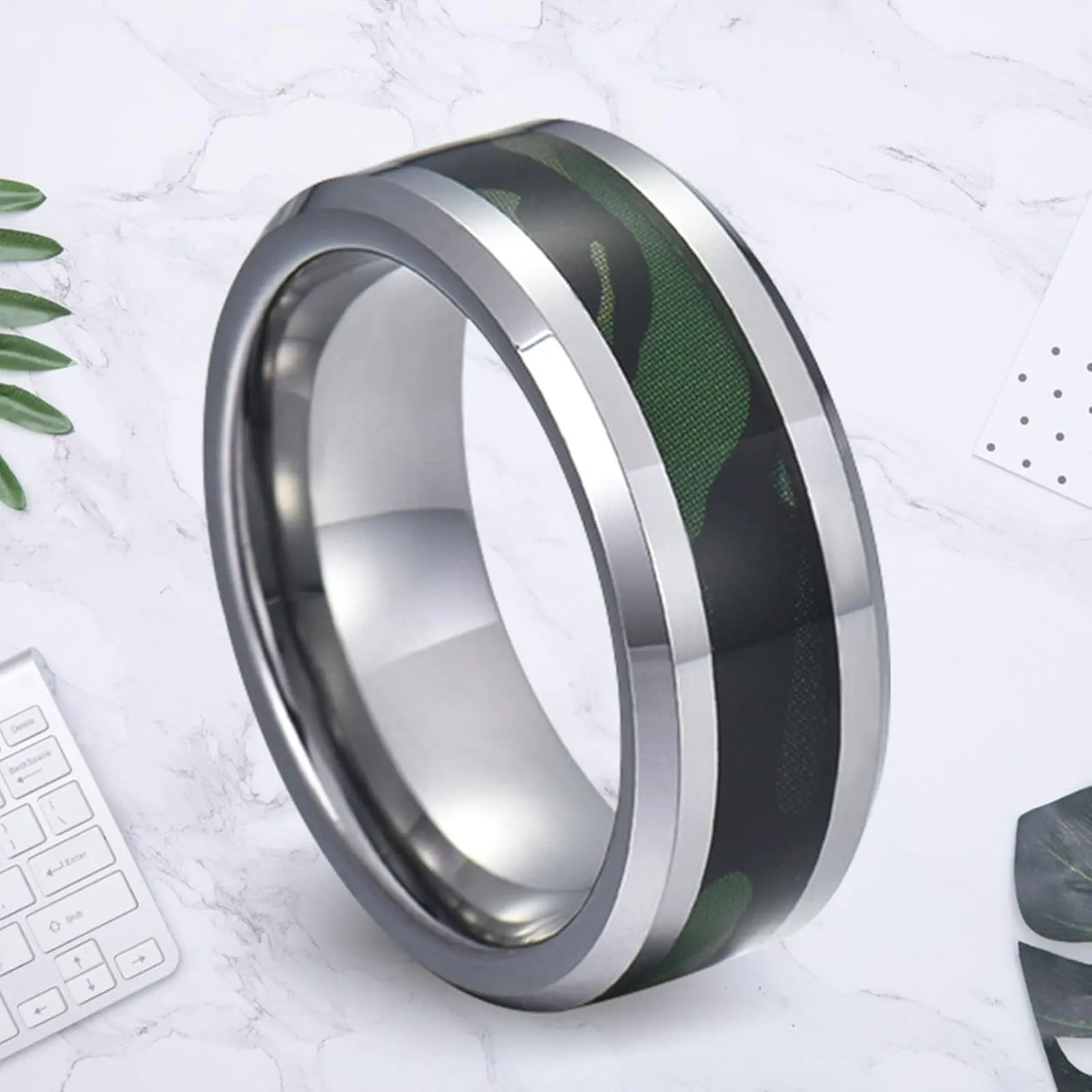 Couple Rings Personalized, Men's Tungsten Wedding Ring 8mm Silver Ring with Green Pattern Engagement Couple Rings