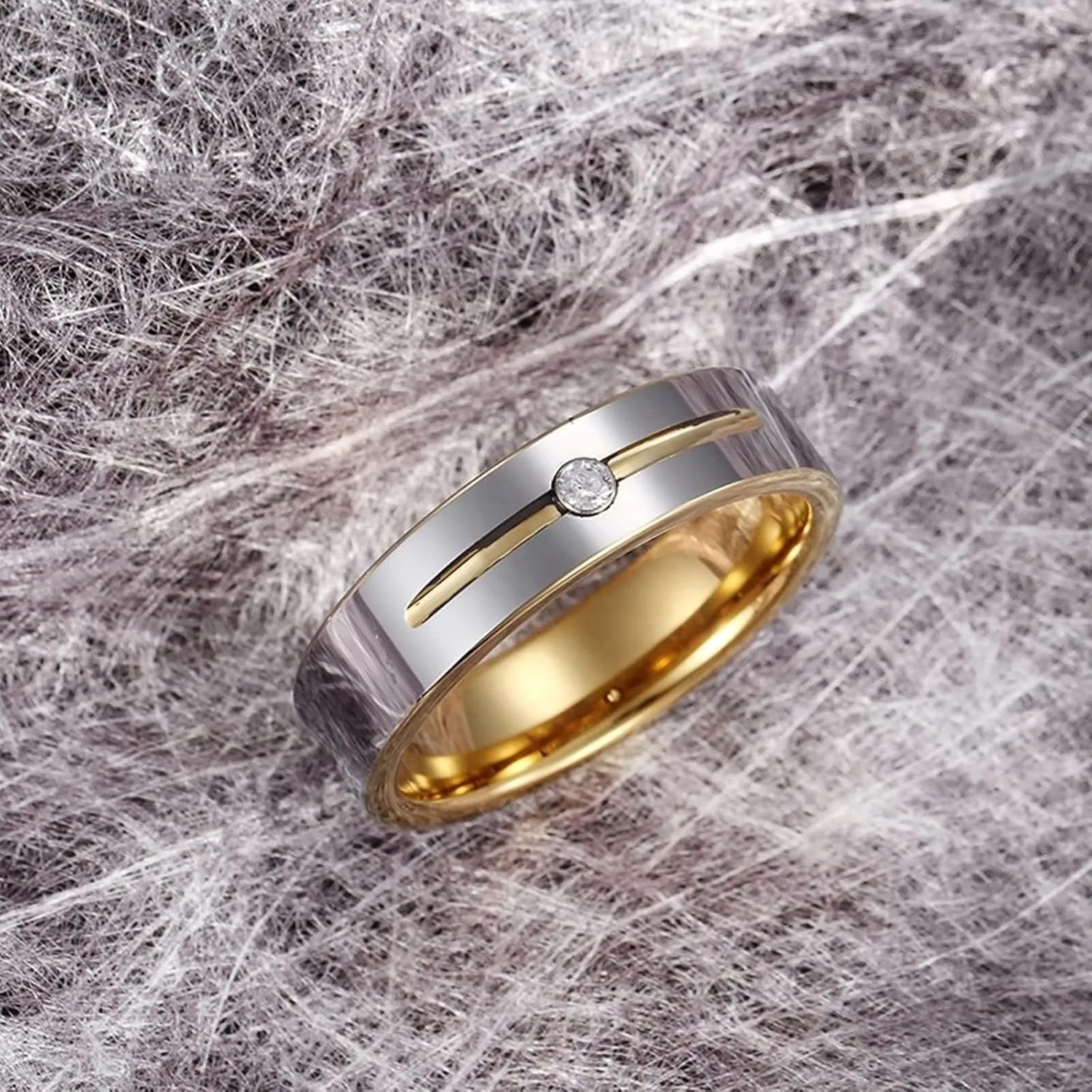 Couple Rings Wedding, Tungsten Steel Ring 2PCS Silver Gold Ring with Zirconia Size Women 6 Men 7 for Fathers Day Jewelry