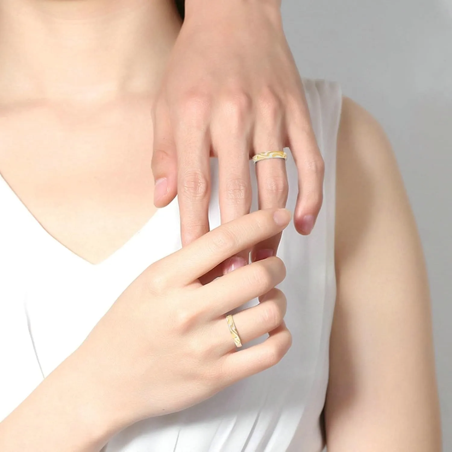 Couple Wedding Bands, Promise Rings Sterling Silver with Silver Gold Wave Couple Adjustable Band Jewelry Gift