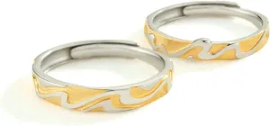Couple Wedding Bands, Promise Rings Sterling Silver with Silver Gold Wave Couple Adjustable Band Jewelry Gift