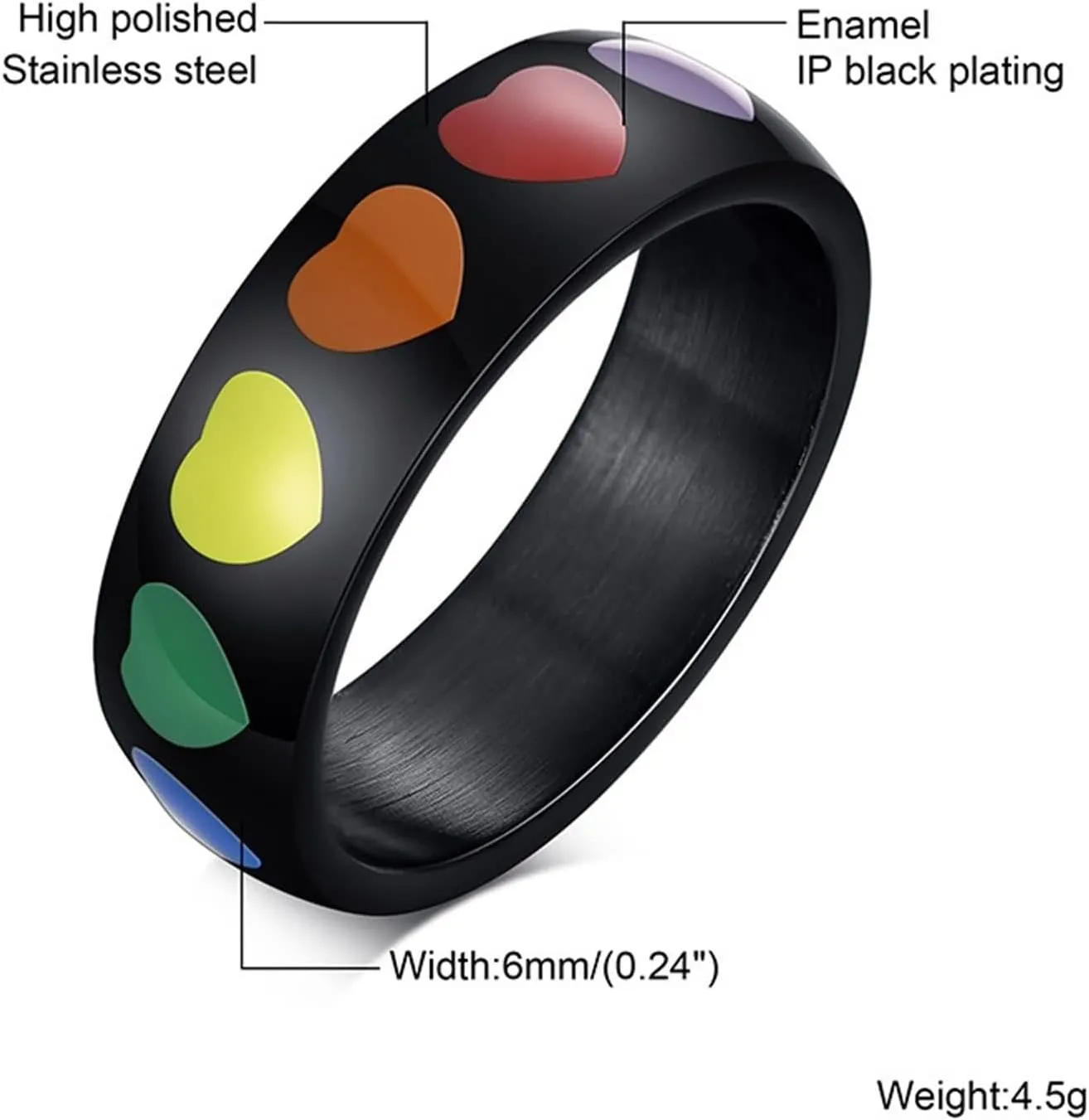 Couples Rings Customized Engagement Ring Couple,Couple Wedding Rings Stainless Steel 6MM Multicolor Black Ring with LGBT Heart Couple Ring for Wedding