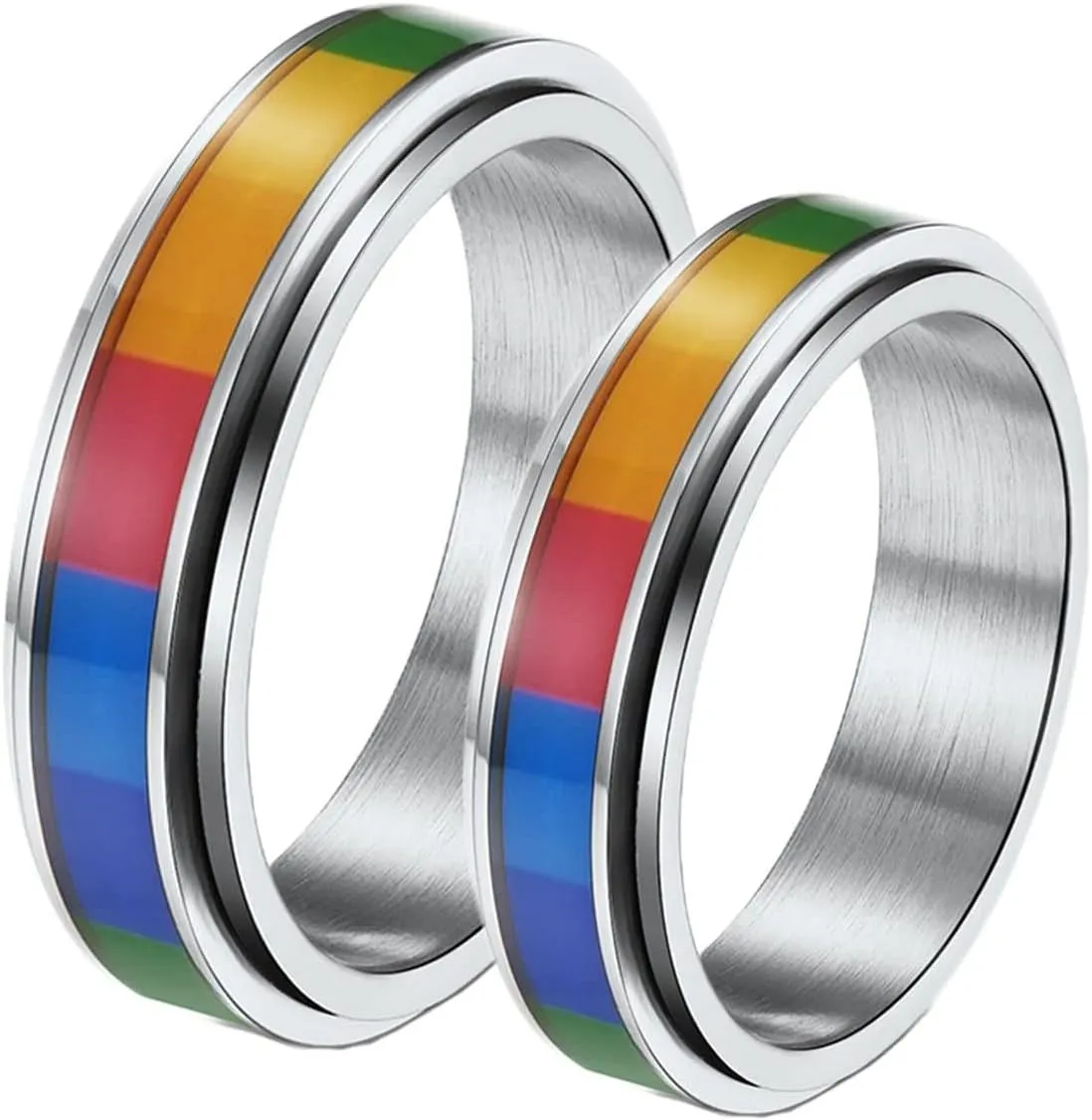 Couples Rings Engravable Wedding Rings Couple,Ring Band Stainless Steel Spinner Ring 6MM Silver Ring with LGBT Rings Couple