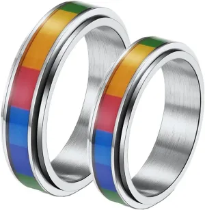 Couples Rings Engravable Wedding Rings Couple,Ring Band Stainless Steel Spinner Ring 6MM Silver Ring with LGBT Rings Couple