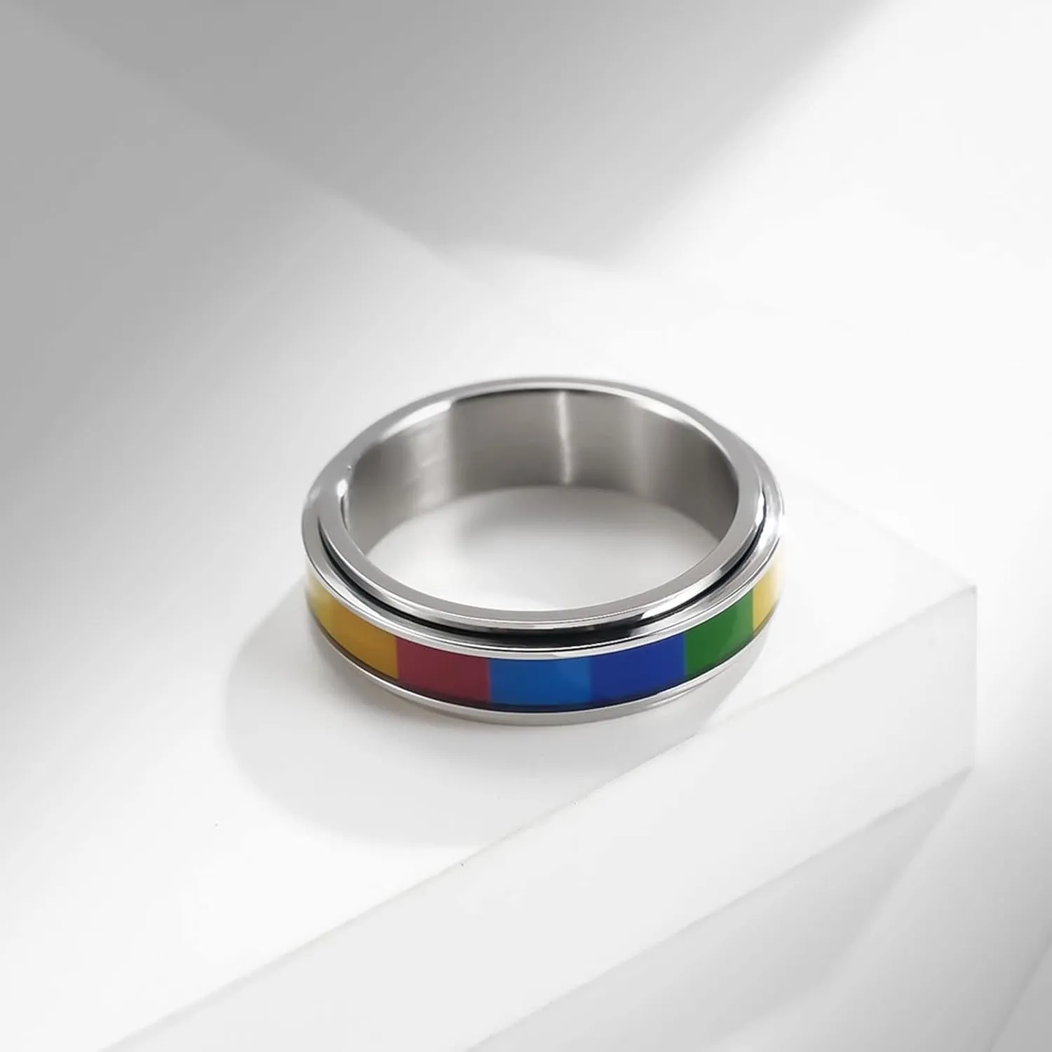 Couples Rings Engravable Wedding Rings Couple,Ring Band Stainless Steel Spinner Ring 6MM Silver Ring with LGBT Rings Couple