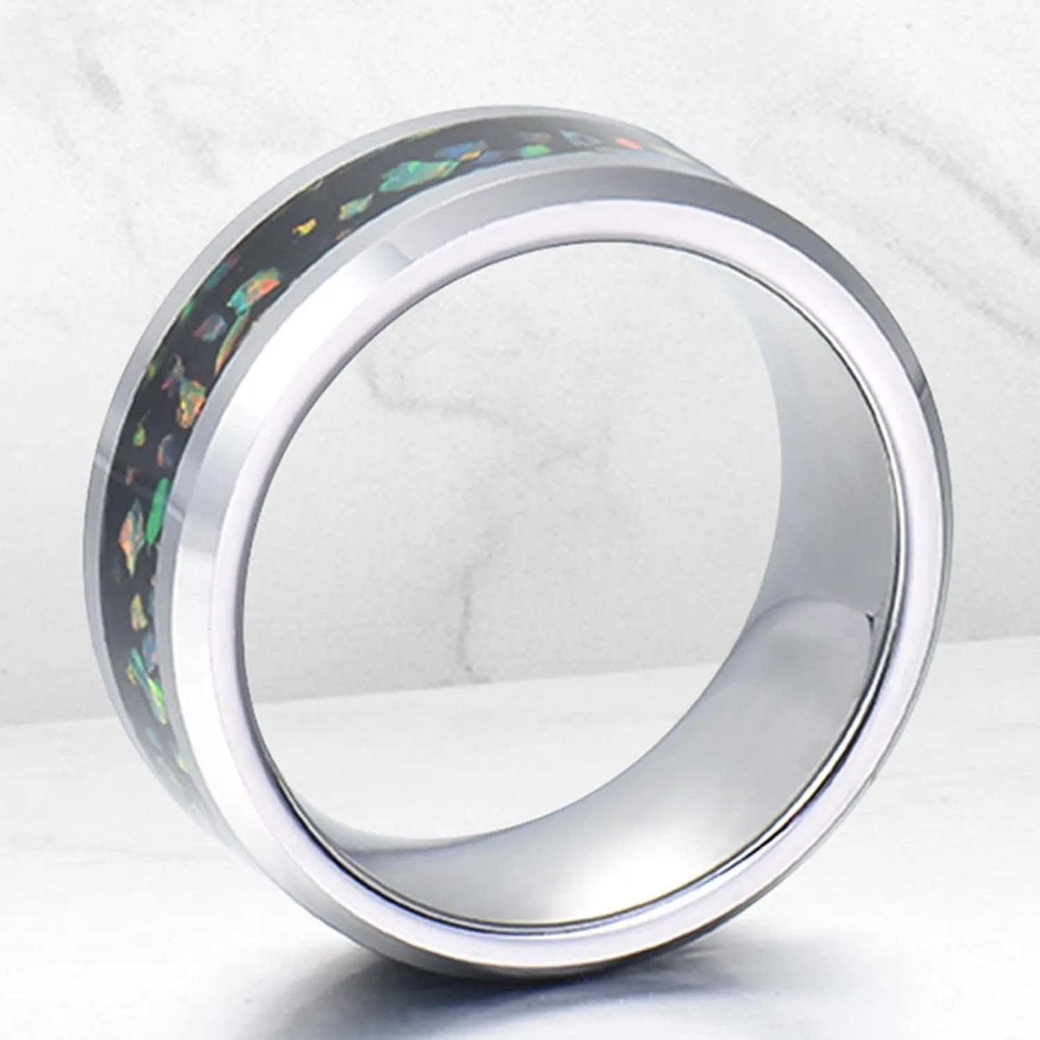 Couples Rings Set, Mens Wedding Rings Tungsten 8mm Silver Ring Inlay Opal Men's and Women's Fashion Rings