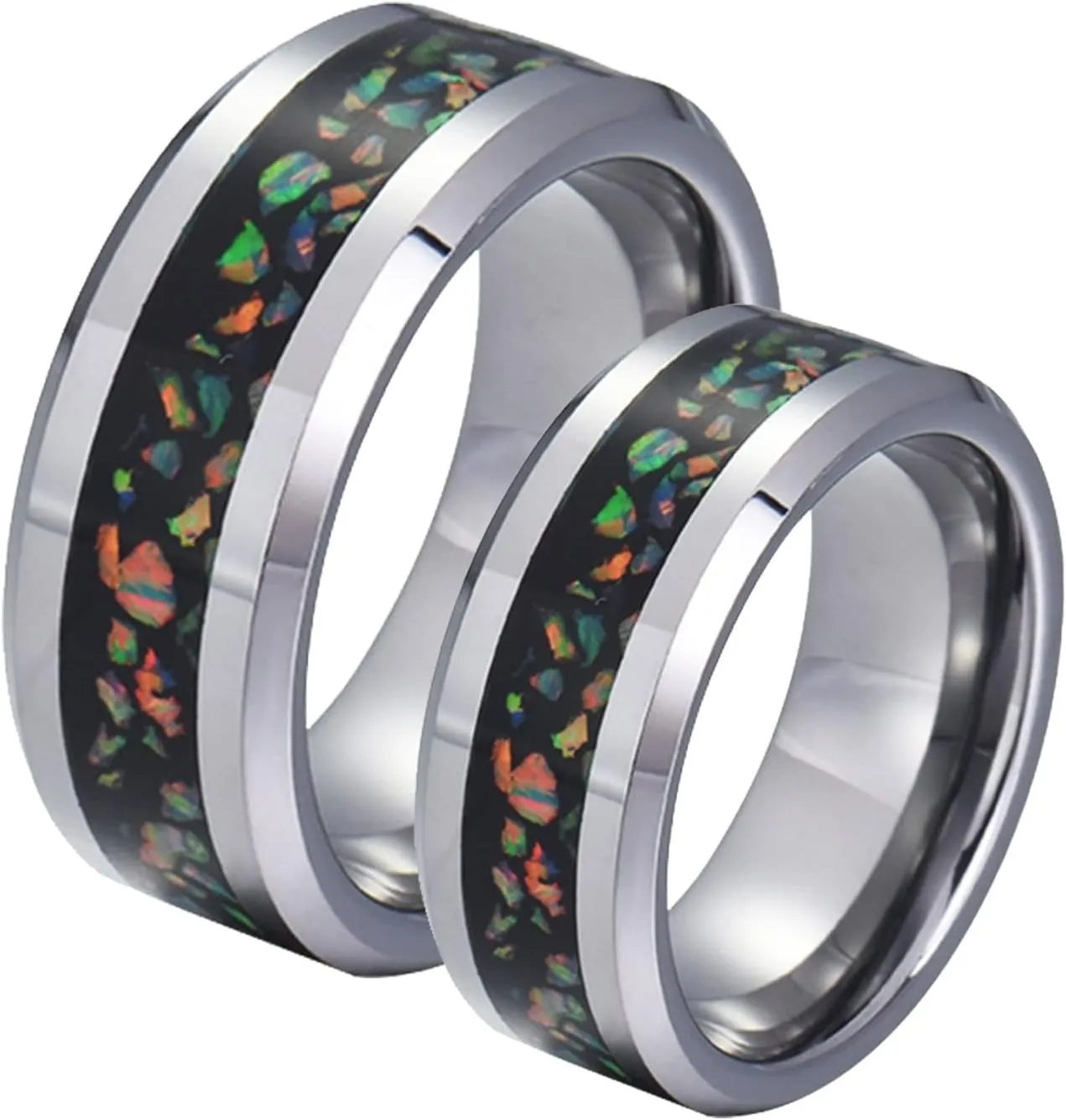 Couples Rings Set, Mens Wedding Rings Tungsten 8mm Silver Ring Inlay Opal Men's and Women's Fashion Rings