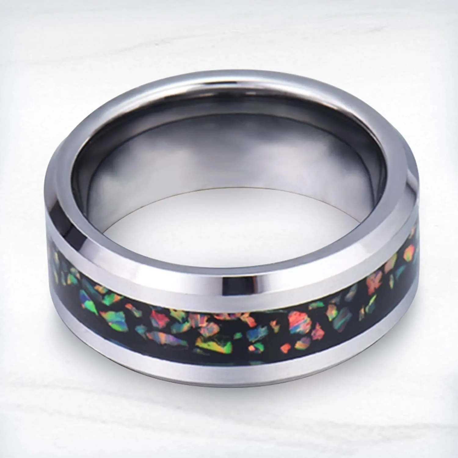 Couples Rings Set, Mens Wedding Rings Tungsten 8mm Silver Ring Inlay Opal Men's and Women's Fashion Rings