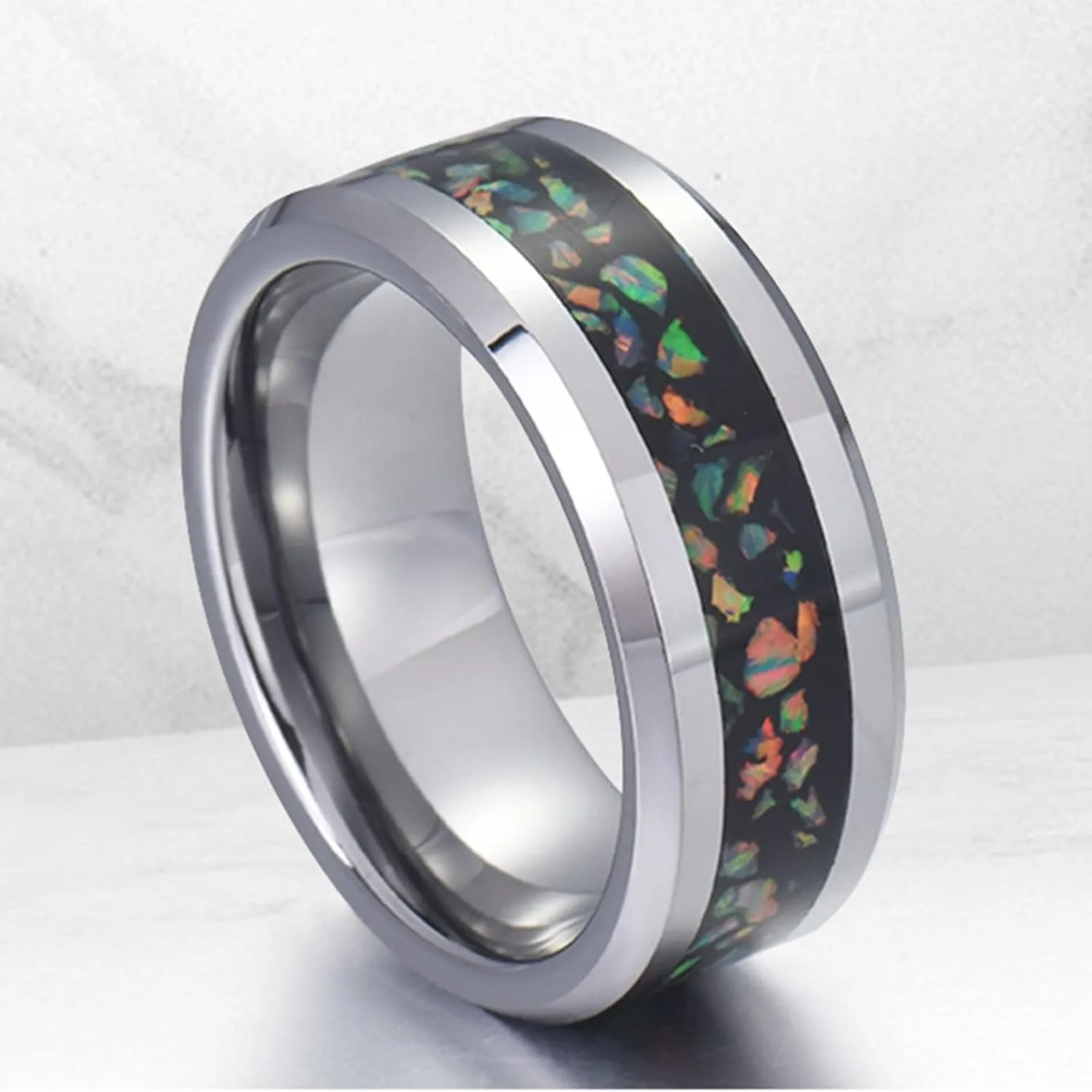 Couples Rings Set, Mens Wedding Rings Tungsten 8mm Silver Ring Inlay Opal Men's and Women's Fashion Rings