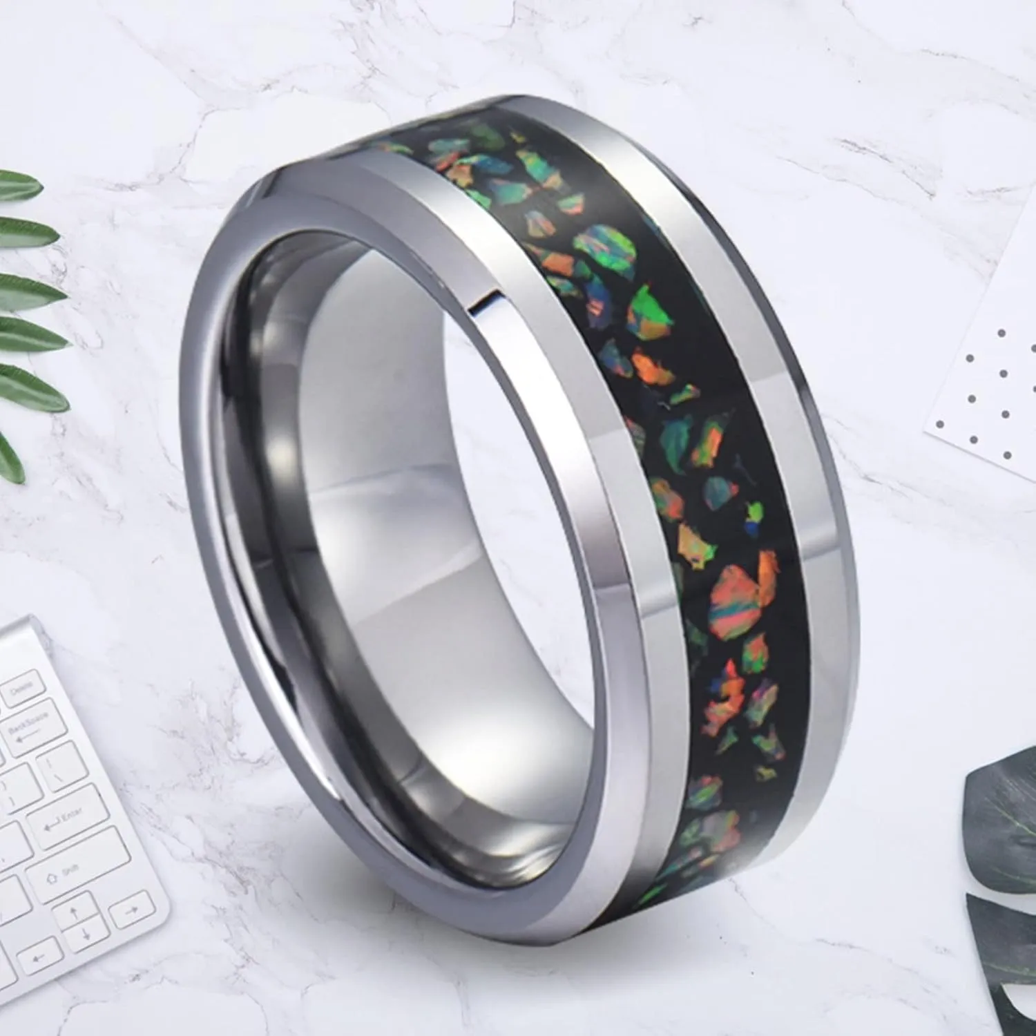 Couples Rings Set, Mens Wedding Rings Tungsten 8mm Silver Ring Inlay Opal Men's and Women's Fashion Rings