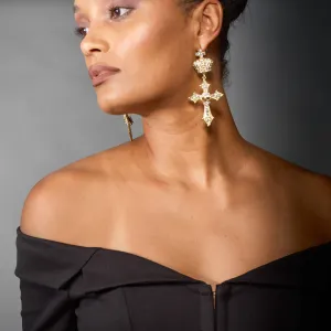 Crystal Cross & Crown Chandelier Earrings