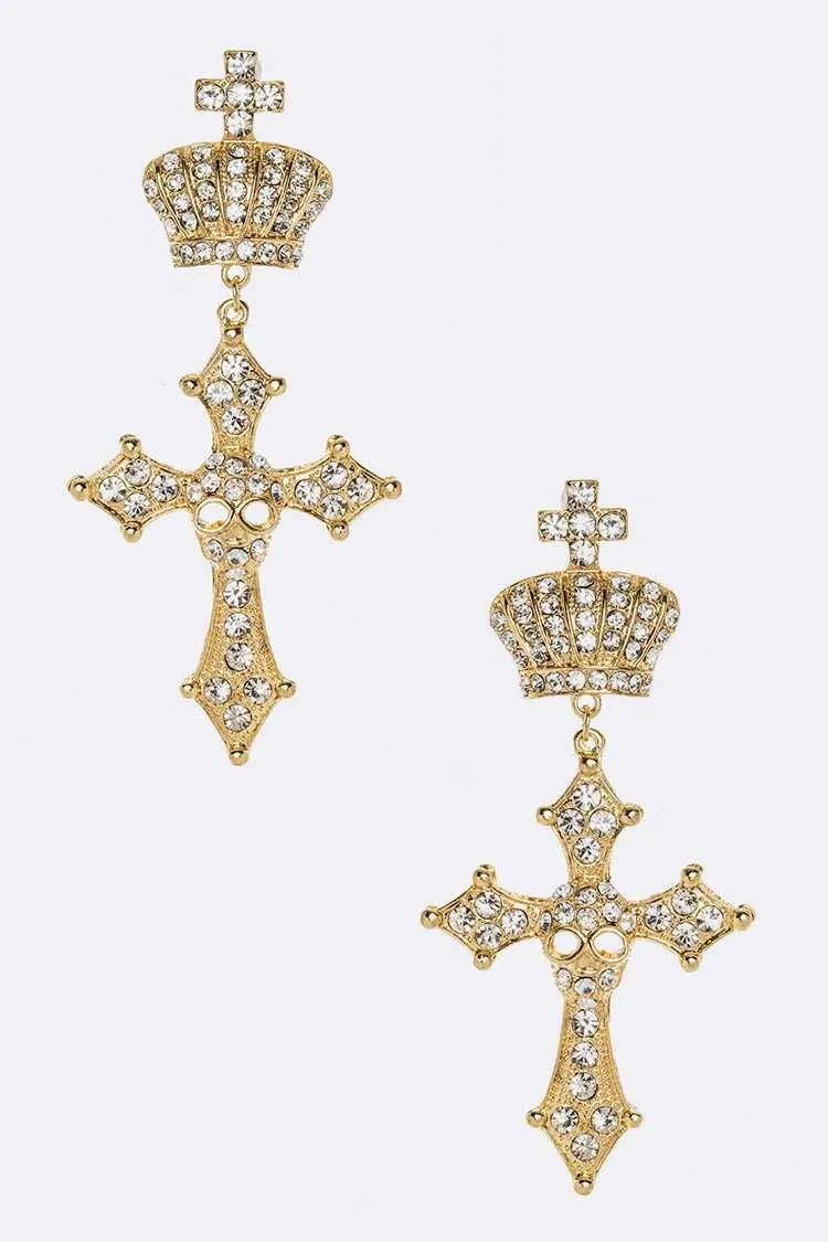 Crystal Cross & Crown Chandelier Earrings