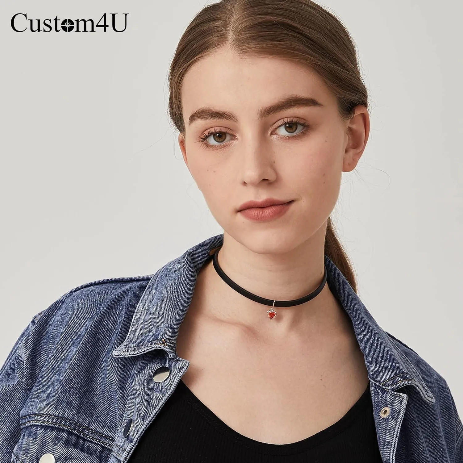 Custom4U Personalized Black Leather Choker Necklace with Picture/Name/Initials/Letters Charm,Custom Made Adjustable Choker Collar Gothic Punk Necklaces Jewelry Gifts for Women