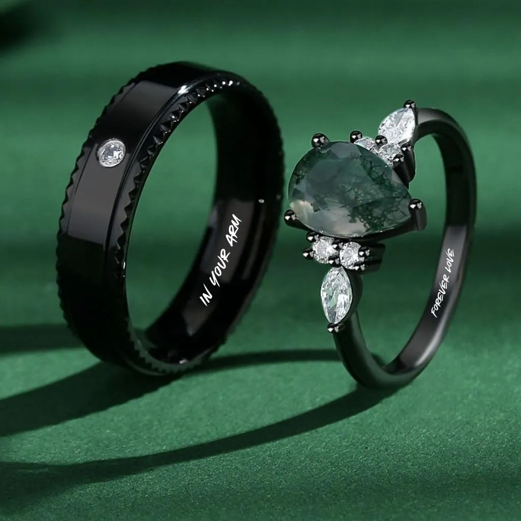 Customizable Engravable Black and Moss Stone Couples' Rings - Pear-Cut Women's Ring - Personalized His and Her Matching Unique Jewelry - Ideal for Couples