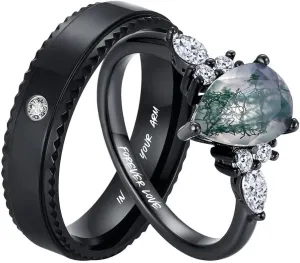 Customizable Engravable Black and Moss Stone Couples' Rings - Pear-Cut Women's Ring - Personalized His and Her Matching Unique Jewelry - Ideal for Couples