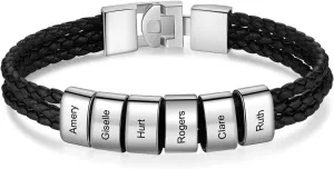 Customized Leather Bracelets for Men Personalized Fathers Bracelet with 1-8 Names Leather Braid Bracelet for Dad Husband Grandpa