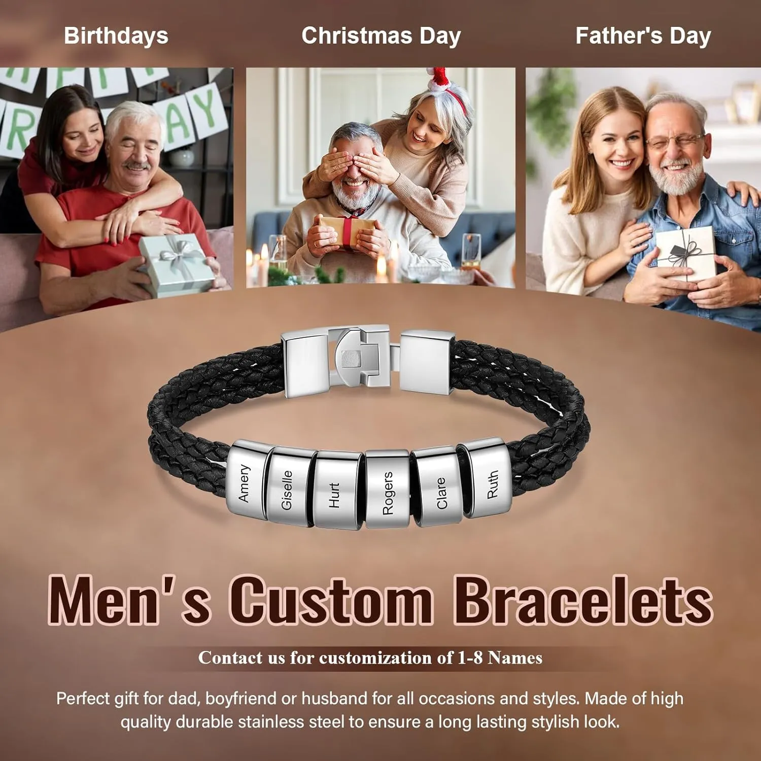 Customized Leather Bracelets for Men Personalized Fathers Bracelet with 1-8 Names Leather Braid Bracelet for Dad Husband Grandpa