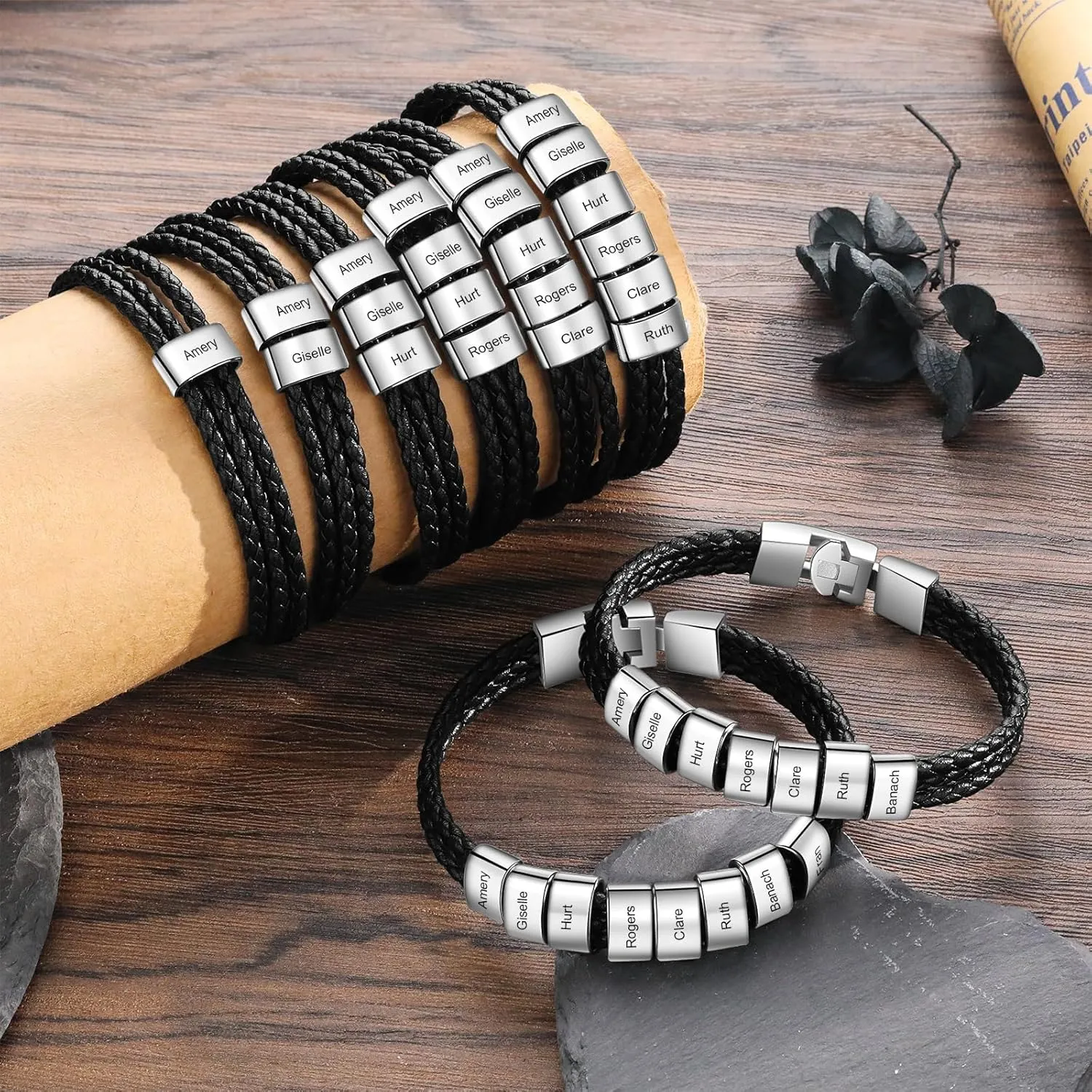 Customized Leather Bracelets for Men Personalized Fathers Bracelet with 1-8 Names Leather Braid Bracelet for Dad Husband Grandpa