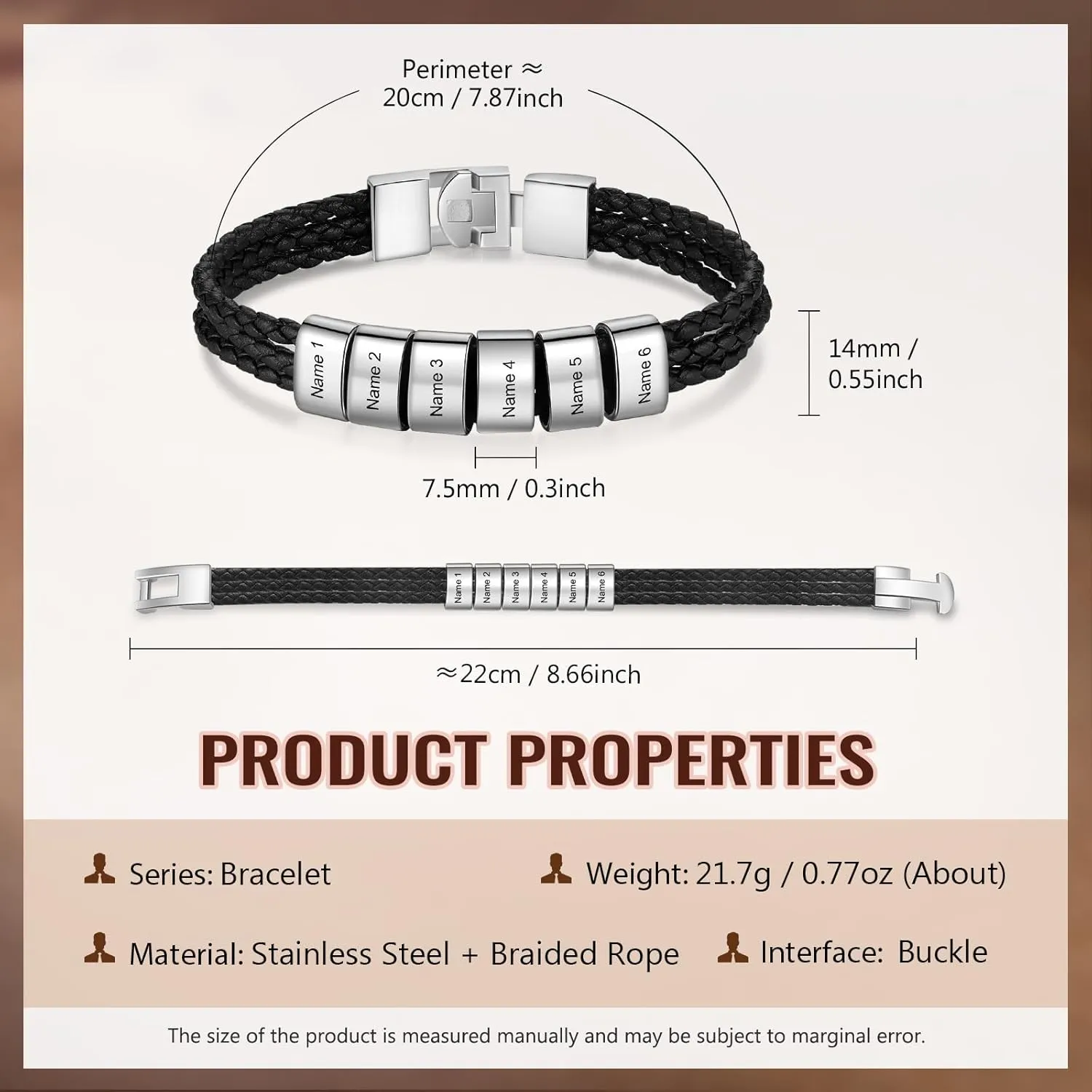 Customized Leather Bracelets for Men Personalized Fathers Bracelet with 1-8 Names Leather Braid Bracelet for Dad Husband Grandpa