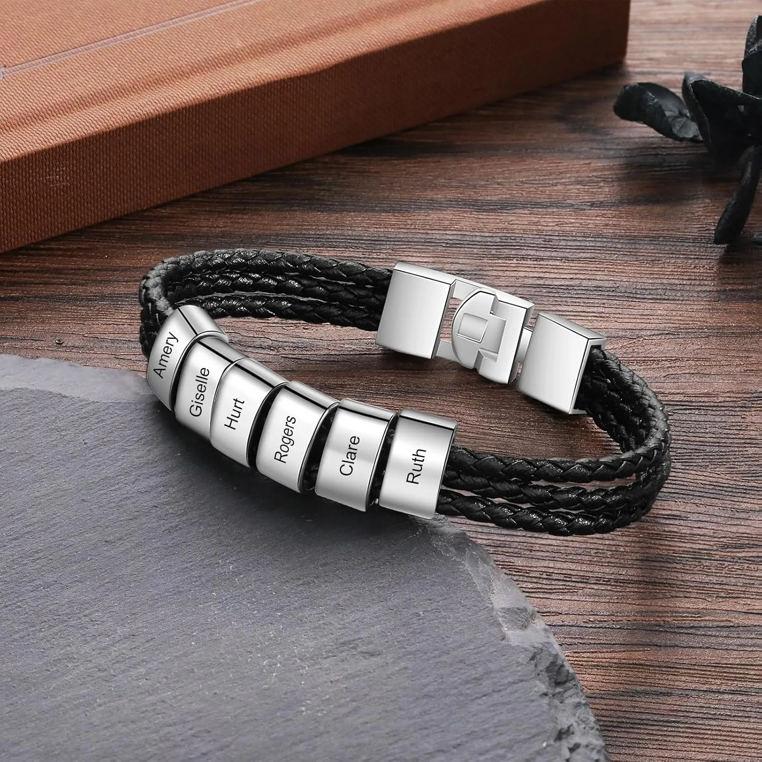 Customized Leather Bracelets for Men Personalized Fathers Bracelet with 1-8 Names Leather Braid Bracelet for Dad Husband Grandpa