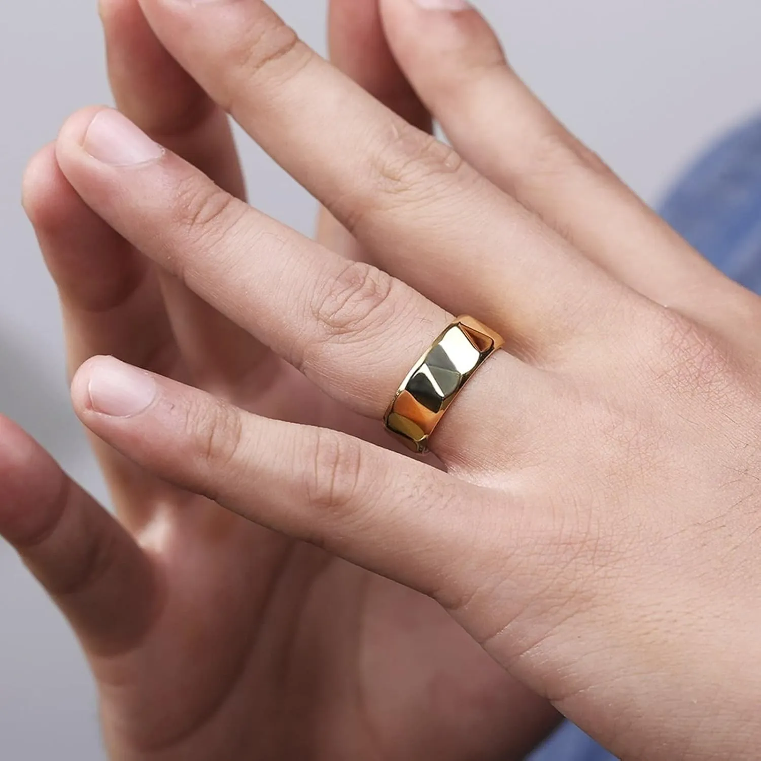 Cute Promise Rings for Women, Rings for Men Stainless Steel 8mm Gold Ring Multi-Faceted Engagement Couple Rings