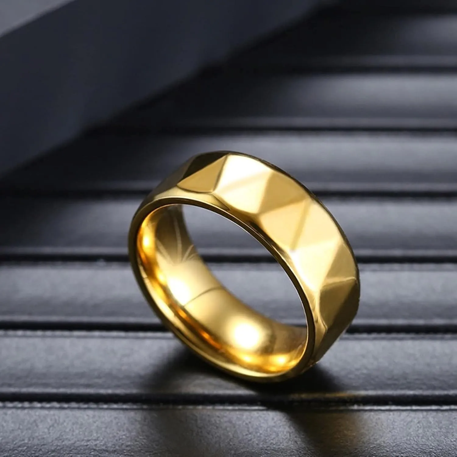 Cute Promise Rings for Women, Rings for Men Stainless Steel 8mm Gold Ring Multi-Faceted Engagement Couple Rings