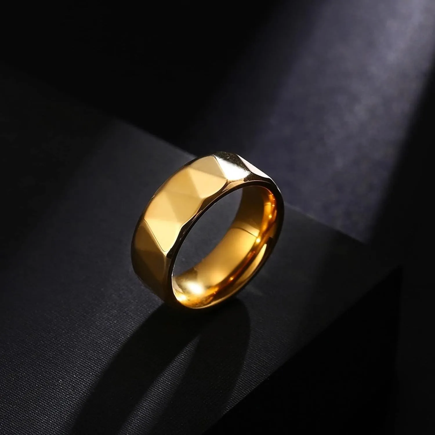 Cute Promise Rings for Women, Rings for Men Stainless Steel 8mm Gold Ring Multi-Faceted Engagement Couple Rings