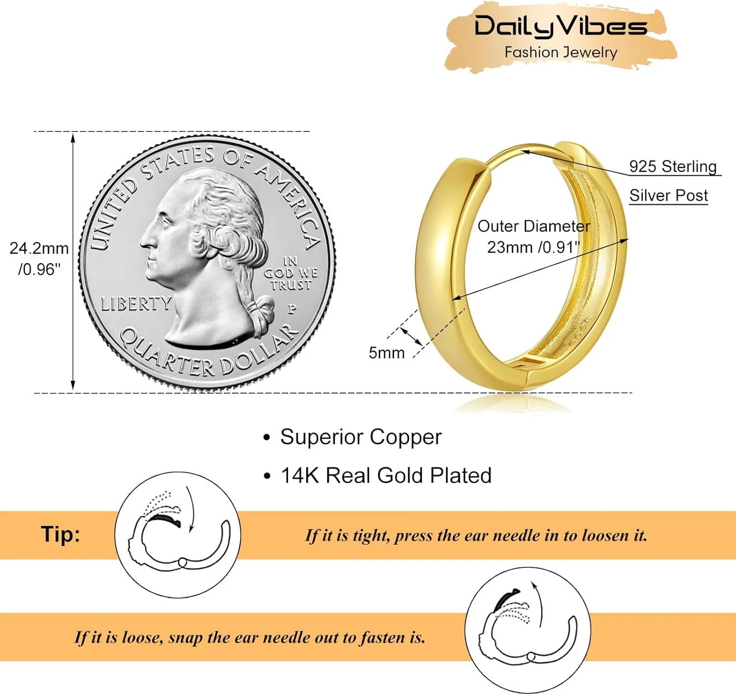 DAILY VIBES Small Gold Chunky Hoop Earrings for Women 14K Gold Plated 925 Sterling Silver Post Oval Huggie Hoop Earrings for Women Dainty Thick Gold Hoops