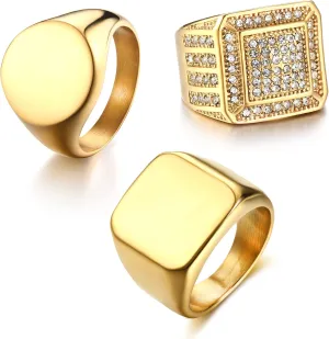 Dochais 3PCS Men's & Women's Signet Rings - 14K Gold Plated & Stainless Steel Iced Out Rings