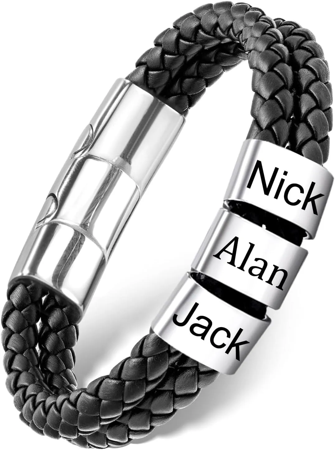 Dreamdecor Personalized Mens Leather Bracelet with Custom Beads - Engraved Names Jewelry, Customized Gifts for Dad Men