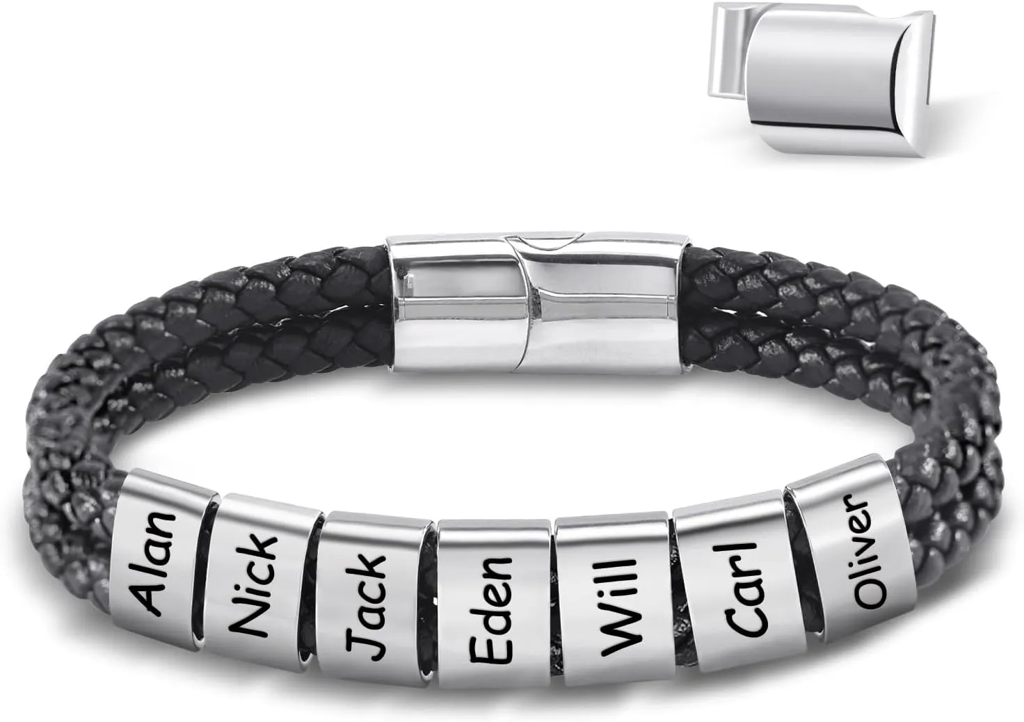 Dreamdecor Personalized Mens Leather Bracelet with Custom Beads - Engraved Names Jewelry, Customized Gifts for Dad Men