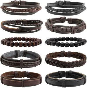 Eigso 10Pcs Braided Leather Bracelets Set for Men Women Hemp Cords Wooden Beads Adjustable Wrap Bracelets