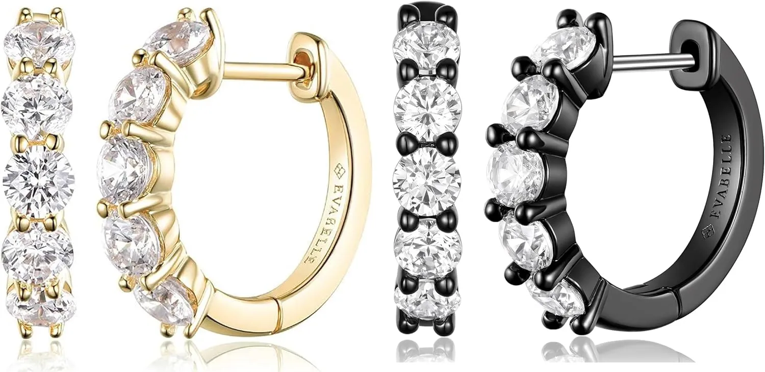 Evabelle 2 Pieces Gold Hoop Earrings for Women 14K Real Gold Plated Black Huggie Hoop Earring for Men Diamond Cut Cubic Zirconia Cuff Earrings s925 Sterling Silver Post Hypoallergenic