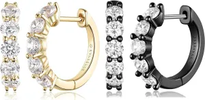 Evabelle 2 Pieces Gold Hoop Earrings for Women 14K Real Gold Plated Black Huggie Hoop Earring for Men Diamond Cut Cubic Zirconia Cuff Earrings s925 Sterling Silver Post Hypoallergenic