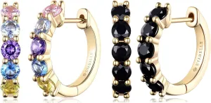Evabelle 2 Pieces Gold Hoop Earrings for Women 14K Real Gold Plated Black Huggie Hoop Earring for Men Diamond Cut Cubic Zirconia Cuff Earrings s925 Sterling Silver Post Hypoallergenic