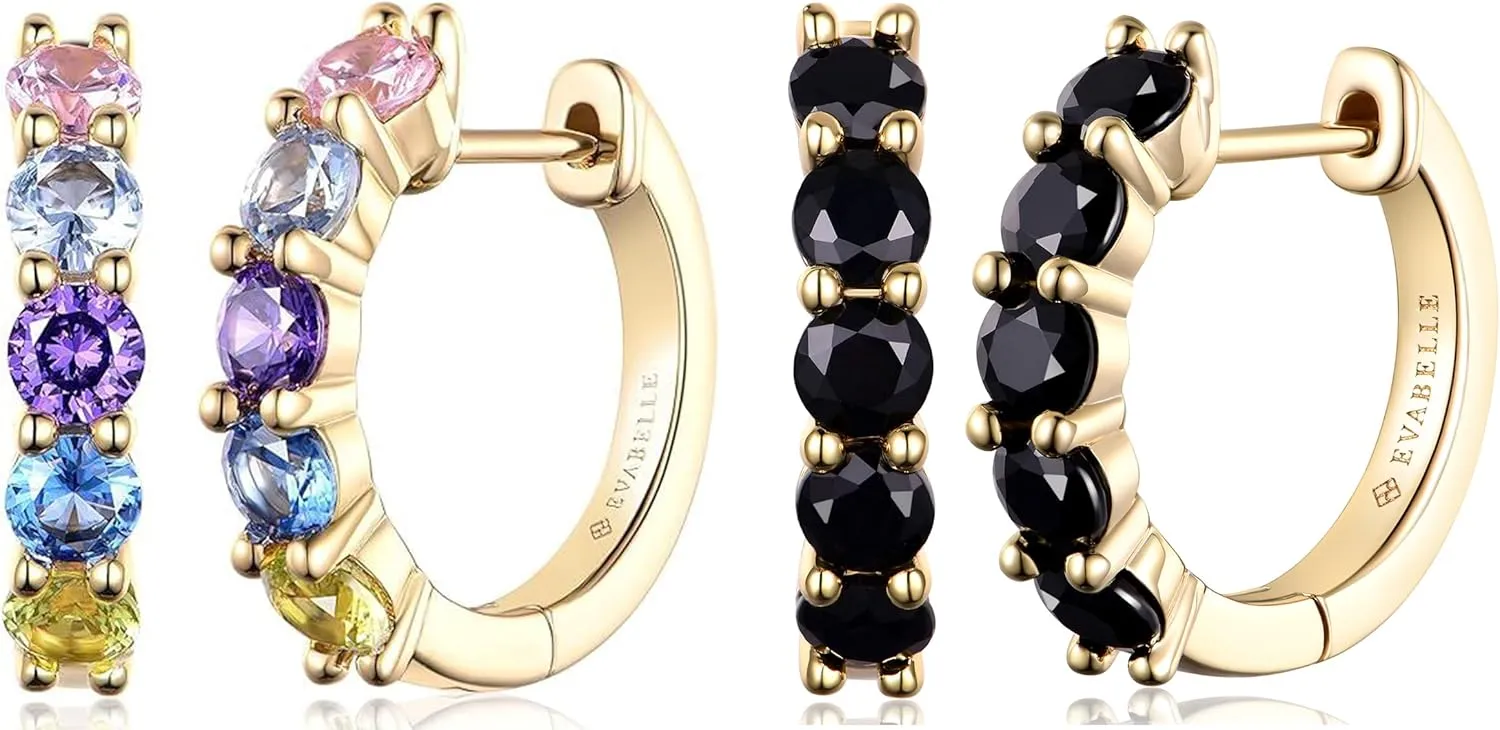Evabelle 2 Pieces Gold Hoop Earrings for Women 14K Real Gold Plated Black Huggie Hoop Earring for Men Diamond Cut Cubic Zirconia Cuff Earrings s925 Sterling Silver Post Hypoallergenic