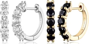 Evabelle 2 Pieces Gold Hoop Earrings for Women 14K Real Gold Plated Silver Huggie Hoop Earring Diamond Cut Cubic Zirconia Cuff Earrings s925 Sterling Silver Post Hypoallergenic