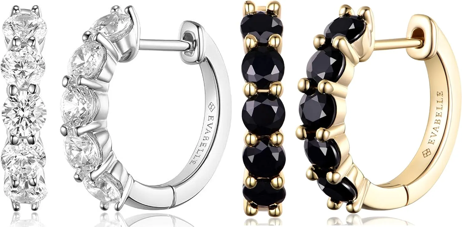 Evabelle 2 Pieces Gold Hoop Earrings for Women 14K Real Gold Plated Silver Huggie Hoop Earring Diamond Cut Cubic Zirconia Cuff Earrings s925 Sterling Silver Post Hypoallergenic