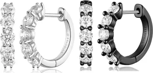 Evabelle 2 Pieces Silver Hoop Earrings for Women 18K White Gold Plated Black Huggie Hoop Earring for Men Diamond Cut Cubic Zirconia Cuff Earrings s925 Sterling Silver Post Hypoallergenic