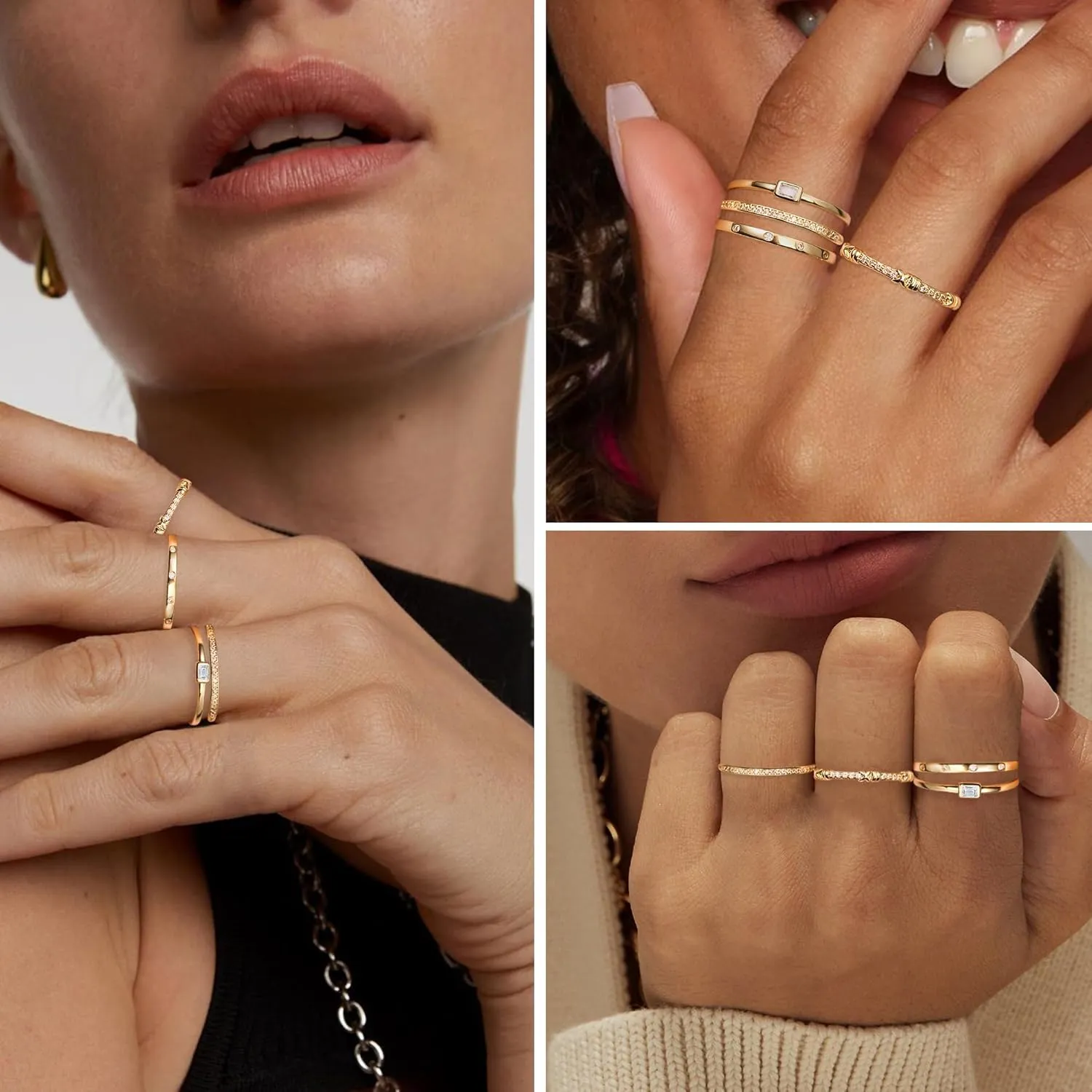 EXGOX Dainty Stackable Gold Rings - 14K Gold Plated, Non Tarnish Cubic Zirconia Stacking & Thumb Knuckle Rings (4pcs Size 7-11)