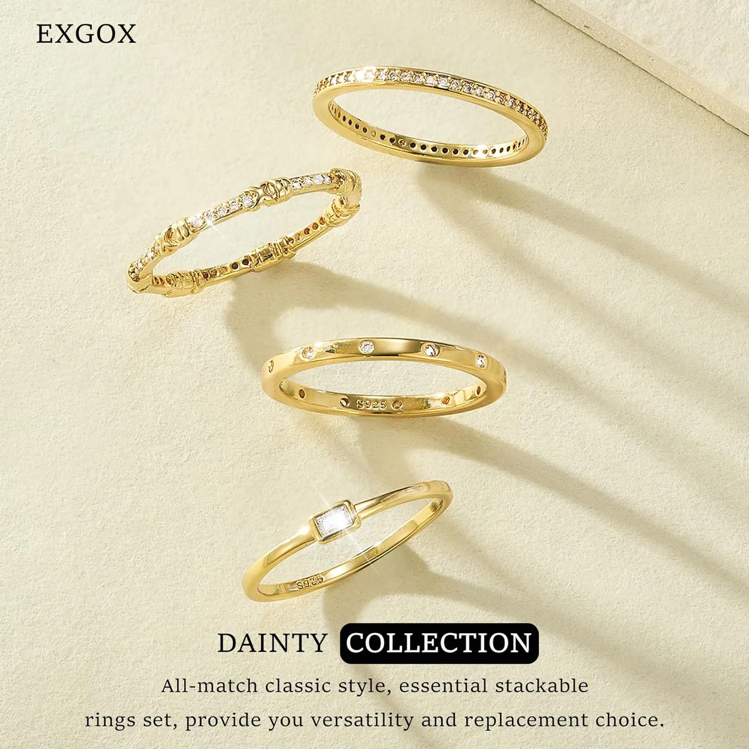 EXGOX Dainty Stackable Gold Rings - 14K Gold Plated, Non Tarnish Cubic Zirconia Stacking & Thumb Knuckle Rings (4pcs Size 7-11)