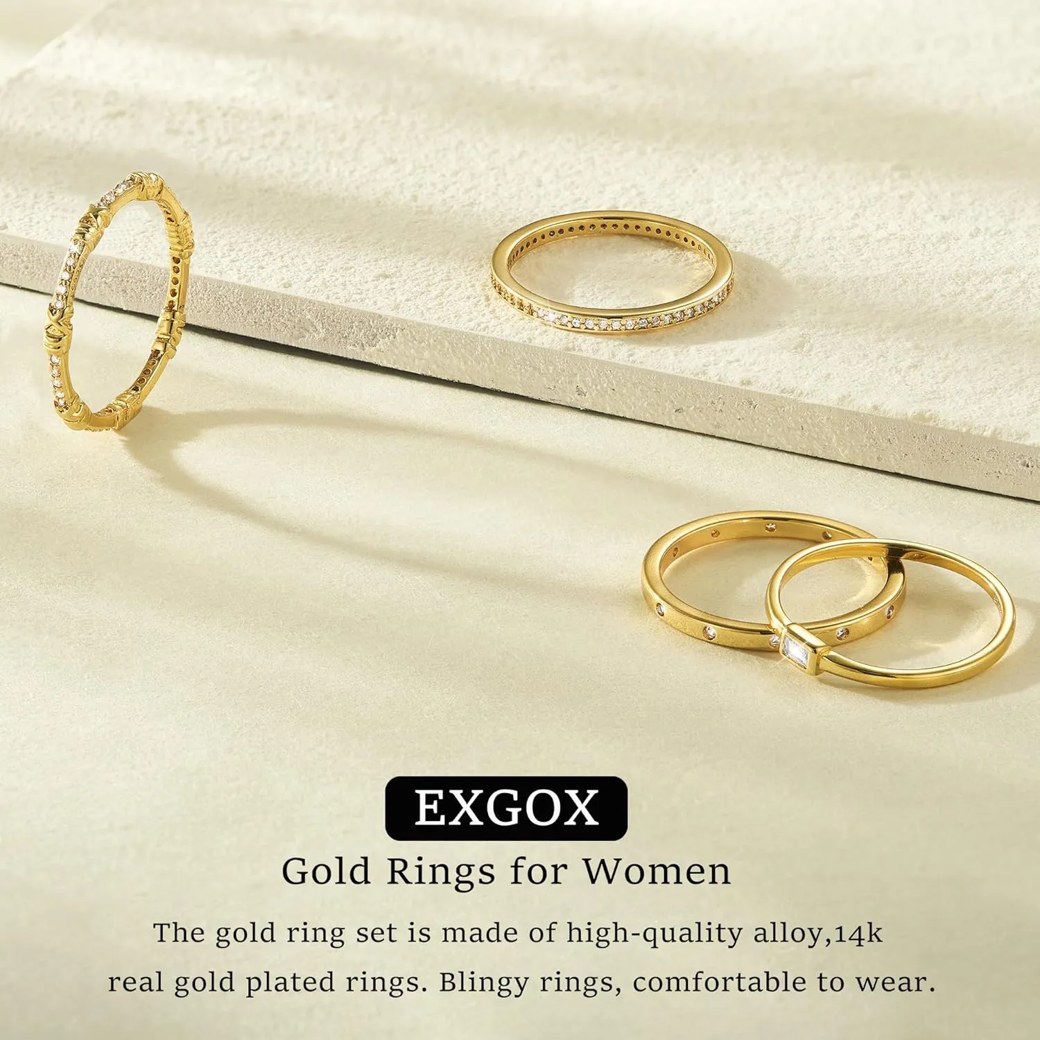 EXGOX Dainty Stackable Gold Rings - 14K Gold Plated, Non Tarnish Cubic Zirconia Stacking & Thumb Knuckle Rings (4pcs Size 7-11)