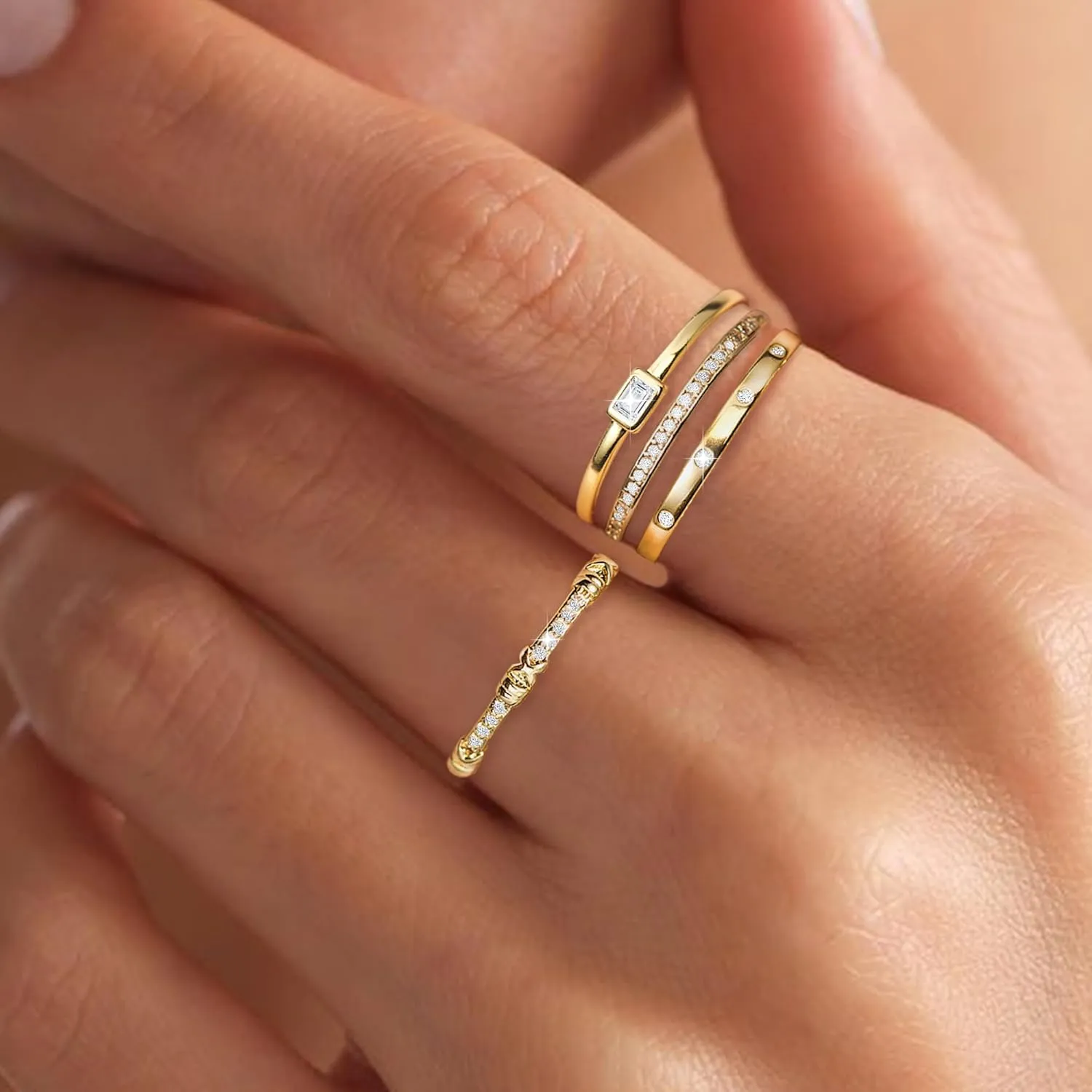 EXGOX Dainty Stackable Gold Rings - 14K Gold Plated, Non Tarnish Cubic Zirconia Stacking & Thumb Knuckle Rings (4pcs Size 7-11)