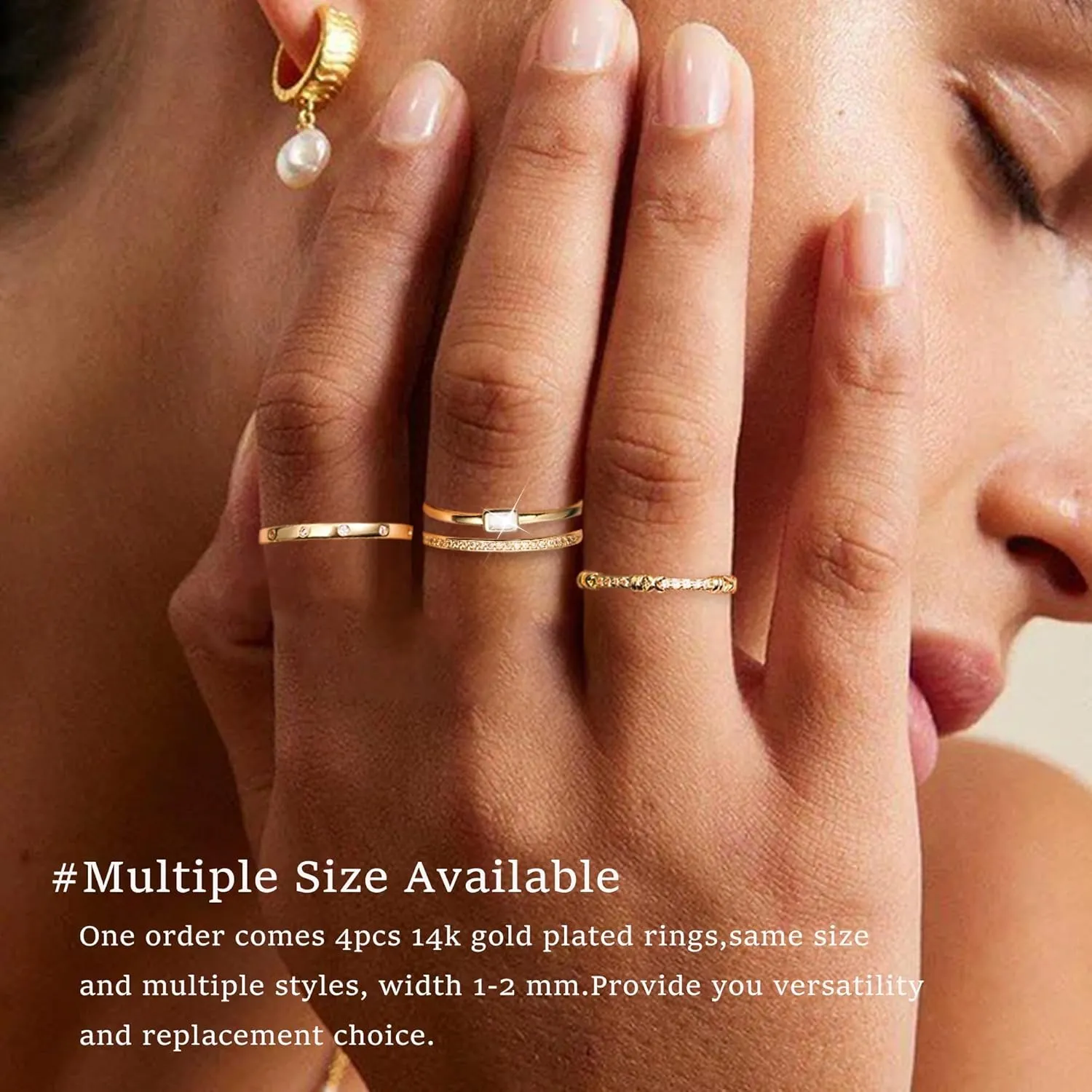 EXGOX Dainty Stackable Gold Rings - 14K Gold Plated, Non Tarnish Cubic Zirconia Stacking & Thumb Knuckle Rings (4pcs Size 7-11)