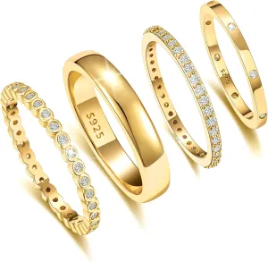 EXGOX Dainty Stackable Gold Rings - 14K Gold Plated, Non Tarnish, Cubic Zirconia, Thumb Knuckle & Wedding Bands (4pcs Size 7-11)