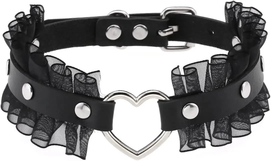 eYLun Women Gothic Goth Adjustable Choker, Lace Heart Punk Leather Collar Necklaces